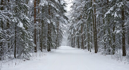 Fototapeta premium Serene Natural Winter Forest Landscape with Snow Covered Trees Scene
