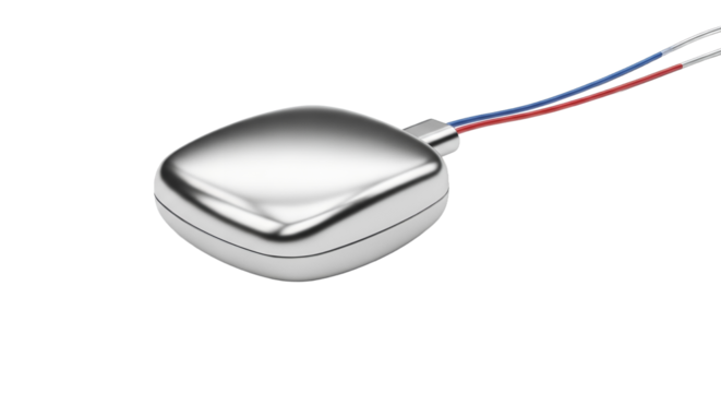 Silver Metallic Rounded Rectangular Electronic Component with Red and Blue Wires on White Background Offers Clean and Modern Technological Design