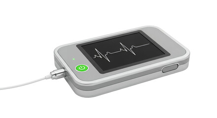Silver Portable ECG Monitor with Green Light Displaying Heartbeat Graph on White Background Medical Health Diagnostic Technology Equipment