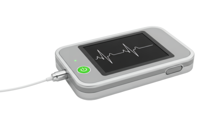 Silver Portable ECG Monitor with Green Light Displaying Heartbeat Graph on White Background Medical Health Diagnostic Technology Equipment