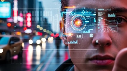 Futuristic Augmented Reality Interface Overlaying Cityscape and Human Eye - Powered by Adobe