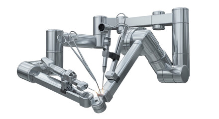 Silver Robotic Surgical Arm in Detailed 3D Render on Transparent Background Showcasing Medical Technology Precision and Engineering with Intricate Mechanical Components and Advanced Automation