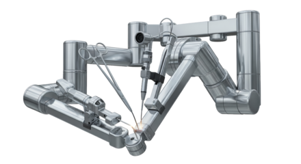 Silver Robotic Surgical Arm in Detailed 3D Render on Transparent Background Showcasing Medical Technology Precision and Engineering with Intricate Mechanical Components and Advanced Automation