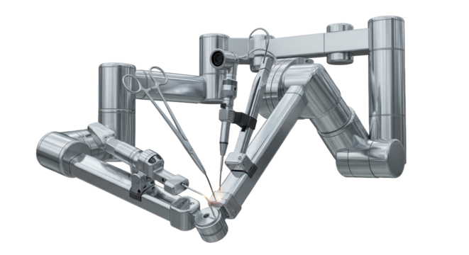 Silver Robotic Surgical Arm in Detailed 3D Render on Transparent Background Showcasing Medical Technology Precision and Engineering with Intricate Mechanical Components and Advanced Automation