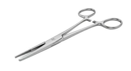 Silver Surgical Hemostat with Ratchet Lock on Transparent Background Medical Instrument Tool with Shiny Metal Finish Precision Healthcare Equipment for Sterile Clinical Procedures