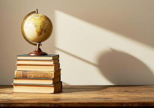 Vintage globe and book stack on rustic desk. Literacy concept. International Literacy Day September 8