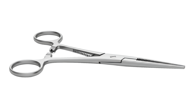 Silver Surgical Clamp Close Up with Locking Mechanism Isolated on Transparent Background Detailed Medical Instrument Shiny Stainless Steel Precision Tool for Healthcare