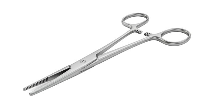 Silver Surgical Hemostat with Ratchet Lock on Transparent Background Medical Instrument Tool with Shiny Metal Finish Precision Healthcare Equipment for Sterile Clinical Procedures