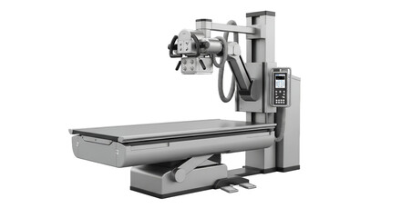 Silver X-Ray Machine on Transparent Background with Examination Table Arm and Control Panel in Medical Diagnostic Imaging Technology for Hospital and Clinic