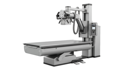 Silver X-Ray Machine on Transparent Background with Examination Table Arm and Control Panel in Medical Diagnostic Imaging Technology for Hospital and Clinic