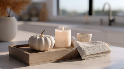 Elegant fall decor with a white pumpkin, candle, and soft towel on a wooden tray, with kitchen backdrop.