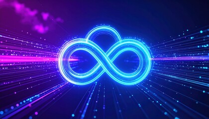 Glowing Neon Infinity Symbol with Digital Light Trails