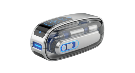 Sleek Futuristic Silver and Transparent Device with Blue Lights on White Background Showcasing Advanced Technology and Intricate Internal Mechanics for Innovation and Modern Design