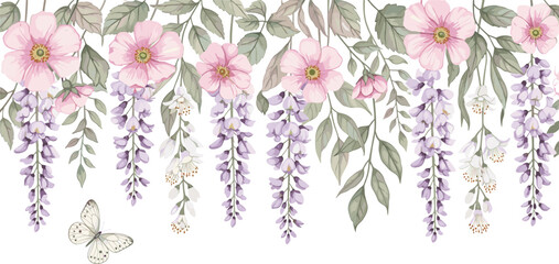 Floral watercolor background of border with abstract hanging flowers, buds, leaves on branches and flying butterfly. 
