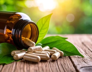 Light-filled image of a bottle of capsules on wooden surface with leaves