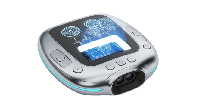 Sleek Silver Futuristic Device with Glowing Blue Display on Transparent Background Highlighting Advanced Technology and Innovation in a Modern and Digital Design