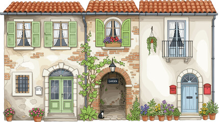 Houses in Provence style, watercolor illustration of beautiful vintage facades with decorations of plants in pots, flowers, cats, mail boxes and arch in garden.
