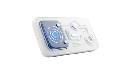 Sleek White and Blue Futuristic Device Featuring Circular Interfaces And Digital Displays In Isolated Transparent Background For Advanced Technology Design Concept