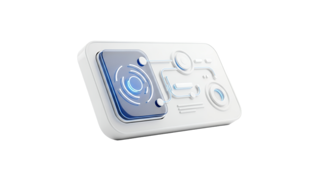 Sleek White and Blue Futuristic Device Featuring Circular Interfaces And Digital Displays In Isolated Transparent Background For Advanced Technology Design Concept