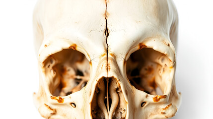 Human skull showing teeth, nose, and eye sockets on white background