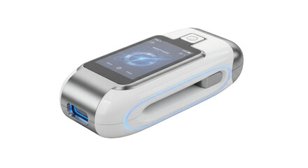 Sleek White Handheld Device with Blue Digital Screen on Clean Background High Angle Studio Shot of Futuristic Technology Equipment and Innovative Electronic Instrument