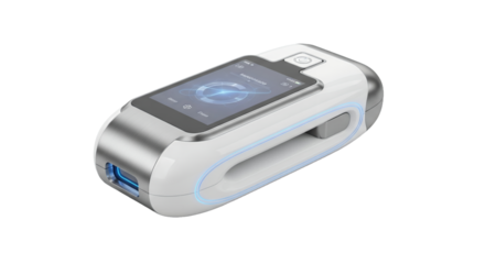 Sleek White Handheld Device with Blue Digital Screen on Clean Background High Angle Studio Shot of Futuristic Technology Equipment and Innovative Electronic Instrument