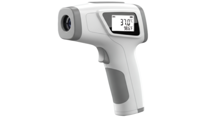 Sleek White Non Contact Infrared Thermometer Displays 37 Degrees Celsius with Gray Trigger and Handle on White Background