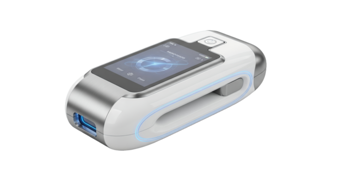 Sleek White Handheld Device with Blue Digital Screen on Clean Background High Angle Studio Shot of Futuristic Technology Equipment and Innovative Electronic Instrument