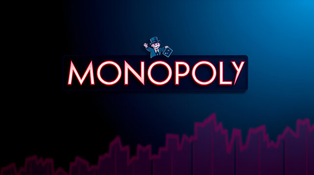 monopoly  background. Illustration with monopoly  logo. Financial illustration. monopoly  text. Economic term. Neon letters on dark-blue background. Financial chart below.ART blur