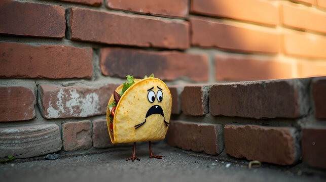 A perplexed taco stands hesitantly beside a brick wall.