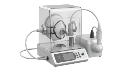 Sophisticated Scientific Apparatus Featuring Clear Container Display Interface and Intricate Wiring System in White and Gray Color Scheme on a White Background