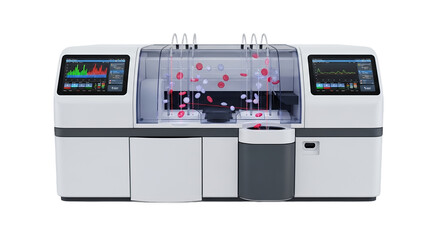 Sophisticated White Laboratory Analyzer with Red and White Fluid Dynamics Displayed on Transparent Background for Medical Research and Scientific Advancements