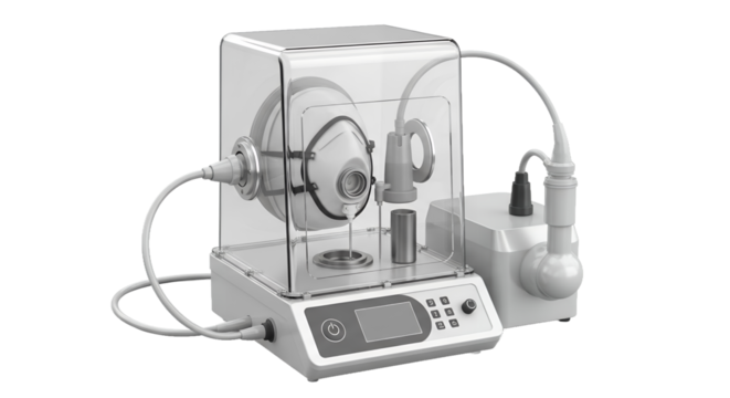 Sophisticated Scientific Apparatus Featuring Clear Container Display Interface and Intricate Wiring System in White and Gray Color Scheme on a White Background