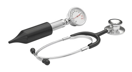 Sphygmomanometer with Gauge and Black Tube Alongside a Stethoscope on White Background Medical Equipment for Diagnosis Treatment and Healthcare Isolated on White Backdrop