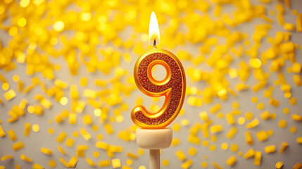 Golden number nine candle on shiny yellow confetti background. Festive backdrop for ninth birthday, anniversary or celebration. Bright greeting card with space for text.