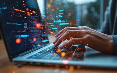 Close-up of hands typing on laptop keyboard with digital data and holographic interface graphics overlay representing coding and technology