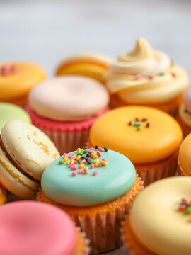 A compelling close-up view capturing colorful macarons and cupcakes with ample space for text.
