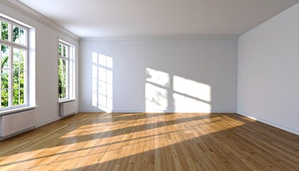 Fototapeta premium Empty white interior with wood floor and natural sunlight.
