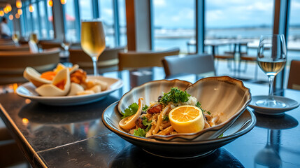 Geoduck shell seafood platter coastal restaurant culinary art vibrant setting aesthetic presentation