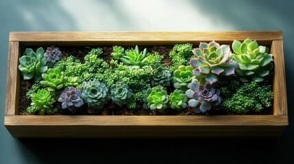 assorted variety of green and purple succulent plants arranged neatly in a rectangular wooden planter box on a smooth surface
