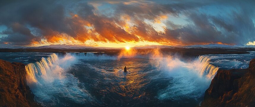 Powerful waterfall scene at sunset with turbulent waters cascading over cliffs under dramatic colorful sky and mist rising from the falls - Powered by Adobe