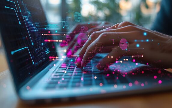 Close-up of hands typing on a laptop keyboard with digital futuristic interface overlay symbolizing technology and data processing