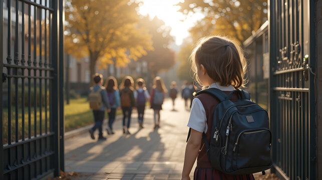 A little girl in a starched uniform carrying a huge backpack walks hesitantly to the school gates and watches other children as the morning sunlight filters through the autumn trees, for learning