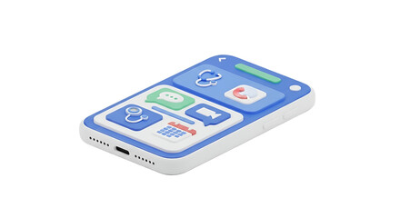 Stylized Mobile Phone with App Icons on Transparent Background Displaying Messaging Calendar and Phone Call Functions in Blue White and Green Tones