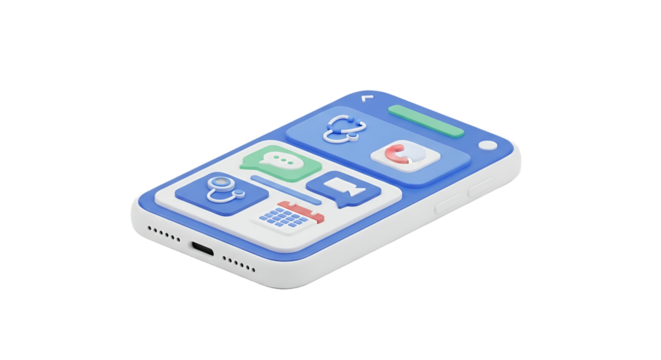 Stylized Mobile Phone with App Icons on Transparent Background Displaying Messaging Calendar and Phone Call Functions in Blue White and Green Tones