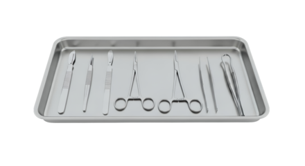 Surgical Instruments Arranged on Silver Tray Isolated on White Background Precision and Cleanliness in Medical Tools