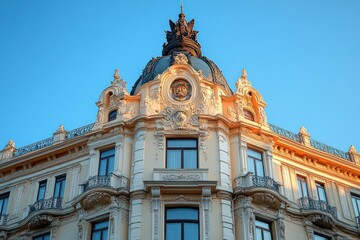 Fototapeta premium Ornate historic building corner with intricate architectural details and a dome under clear blue skies during golden hour