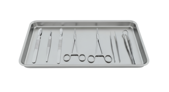 Surgical Instruments Arranged on Silver Tray Isolated on White Background Precision and Cleanliness in Medical Tools