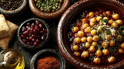 Rich Chickpea Tagine in Ornate Earthenware, a Feast of Spices and Pomegranate.