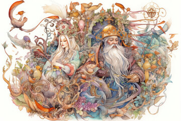 Obraz premium A magical fairytale style watercolor illustration depicting an old man with a long white beard wearing a crown and a young woman wearing a wreath of flowers. 